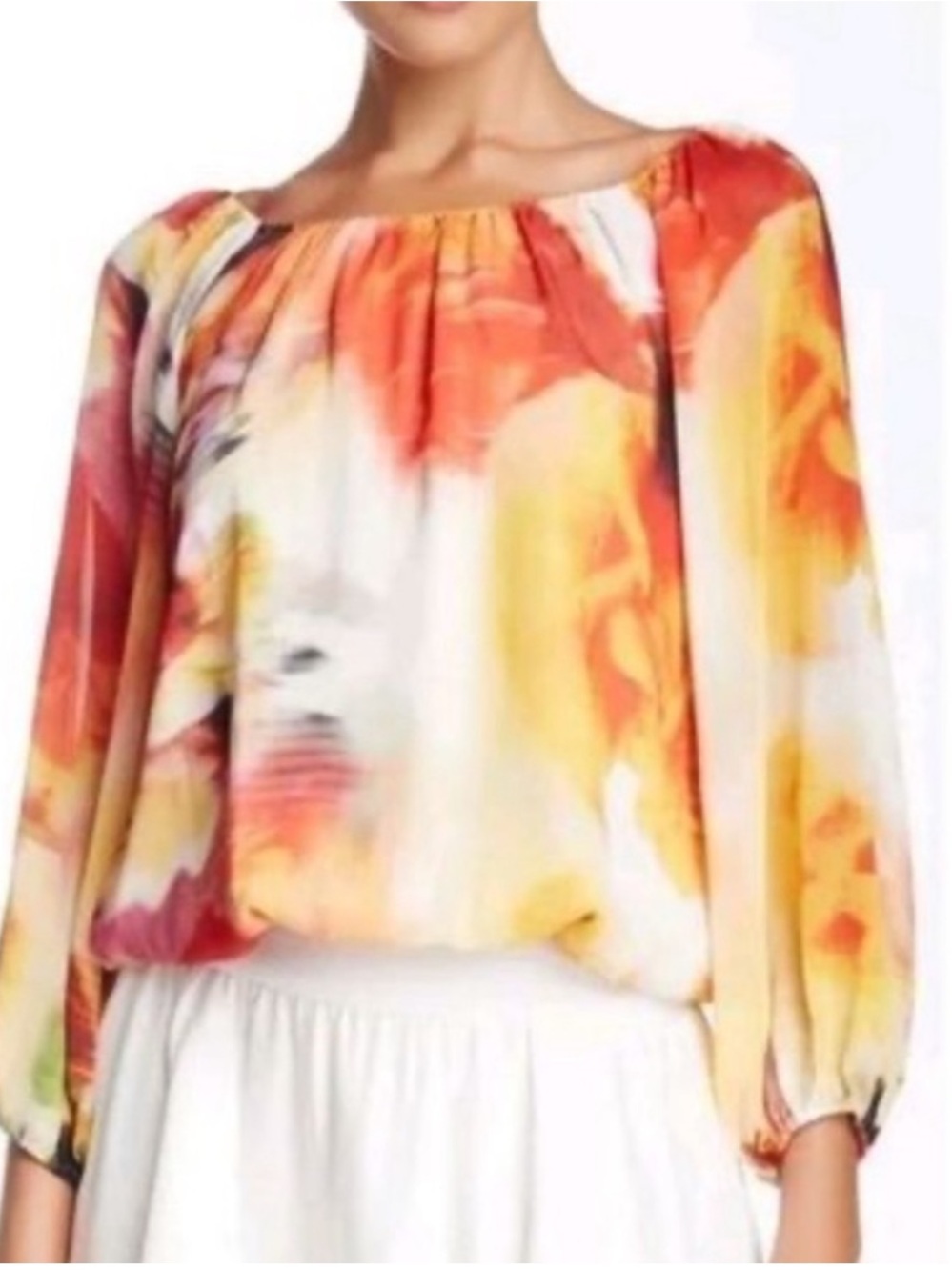 Alice + Olivia Flame Colored Abstract Print Balloon Sleeve Blouse Size Medium - Picture 4 of 8